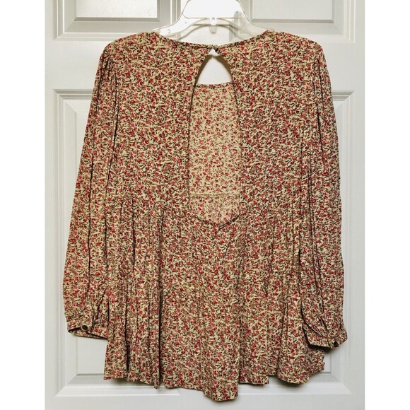 AMERICA EAGLE WOMEN'S TOP SIZE M FLORAL LOG SLEEVES OPEN BACK BOHO PEPLUM TUNIC - Picture 3 of 9